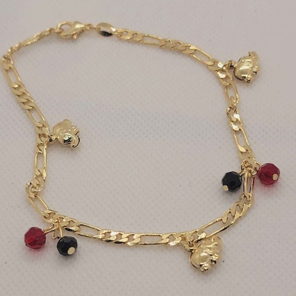 Brazilian 18k Gold Filled Red Black Beaded With Elephants Anklet